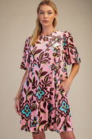 Easel Floral Print Stretch Velvet Dress in Rose Brown