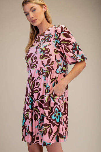 Easel Floral Print Stretch Velvet Dress in Rose Brown