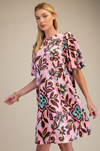 Easel Floral Print Stretch Velvet Dress in Rose Brown