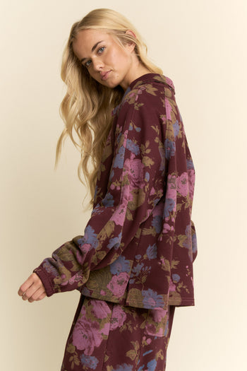Davi & Dani Floral Print Top and Pants Set in Burgundy