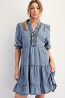 Easel Tiered Mini Dress in Washed Denim