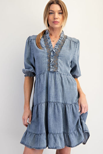 Easel Tiered Mini Dress in Washed Denim