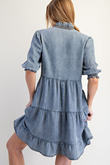 Easel Tiered Mini Dress in Washed Denim