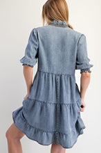 Load image into Gallery viewer, Easel Tiered Mini Dress in Washed Denim

