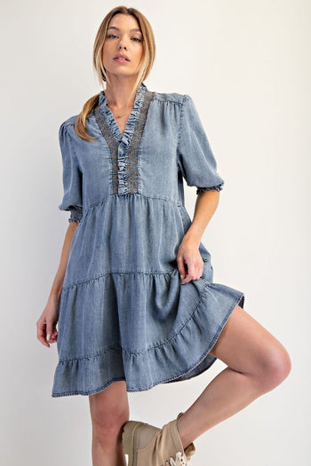 Easel Tiered Mini Dress in Washed Denim