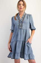Load image into Gallery viewer, Easel Tiered Mini Dress in Washed Denim
