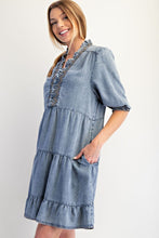 Load image into Gallery viewer, Easel Tiered Mini Dress in Washed Denim
