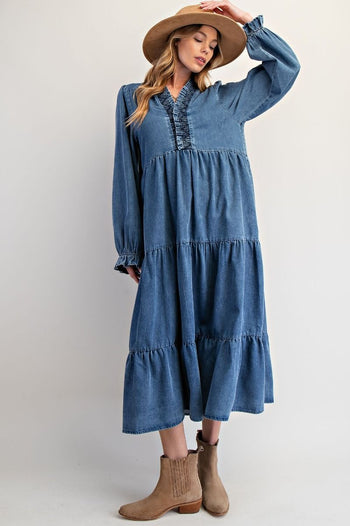 Easel Tiered Maxi Dress in Washed Denim ON ORDER
