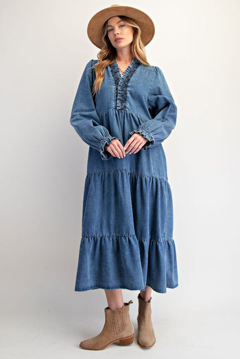 Easel Tiered Maxi Dress in Washed Denim ON ORDER