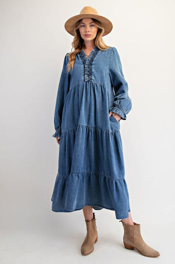 Easel Tiered Maxi Dress in Washed Denim ON ORDER