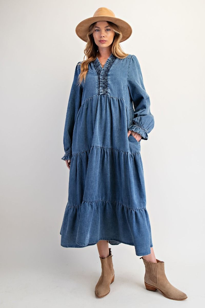 Easel Tiered Maxi Dress in Washed Denim ON ORDER