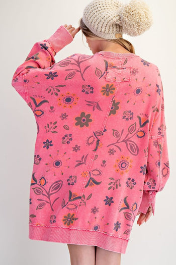 Easel Mineral Washed Floral Print Terry Knit Dress in Candy Pink