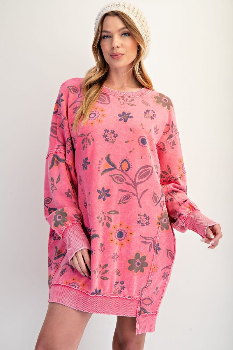 Easel Mineral Washed Floral Print Terry Knit Dress in Candy Pink S Easel Mineral Washed Floral Print Terry Knit Dress in Candy Pink S