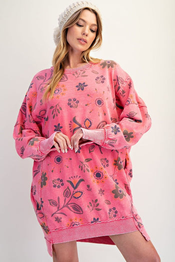 Easel Mineral Washed Floral Print Terry Knit Dress in Candy Pink