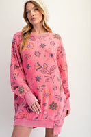 Easel Mineral Washed Floral Print Terry Knit Dress in Candy Pink