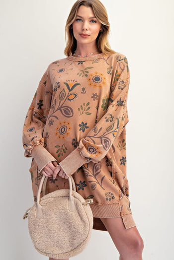 Easel Mineral Washed Floral Print Terry Knit Dress in Mocha Mousse