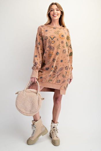 Easel Mineral Washed Floral Print Terry Knit Dress in Mocha Mousse