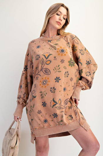 Easel Mineral Washed Floral Print Terry Knit Dress in Mocha Mousse