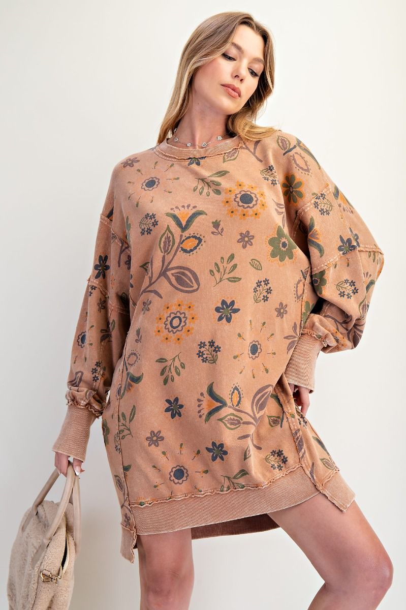 Easel Mineral Washed Floral Print Terry Knit Dress in Mocha Mousse