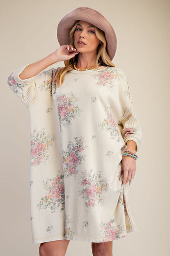 Easel Floral Print Terry Dress in Natural