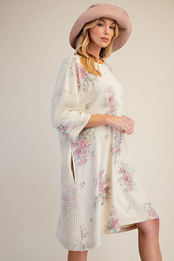 Easel Floral Print Terry Dress in Natural