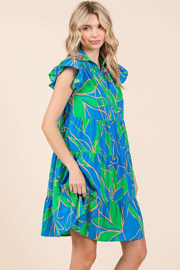 Mittoshop Leaf Print Tiered Mini Dress in Azure Combo