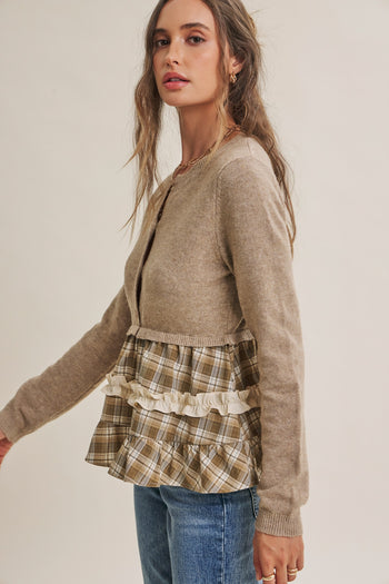 In February Quiet Cottage Mixed Media Plaid Peplum Sweater Cardigan in Oatmeal/Olive