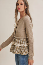 Load image into Gallery viewer, In February Quiet Cottage Mixed Media Plaid Peplum Sweater Cardigan in Oatmeal/Olive
