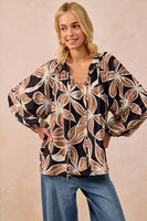 BiBi Bold Floral Print Exaggerated Balloon Sleeve Top in Black/Mocha