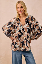 Load image into Gallery viewer, BiBi Bold Floral Print Exaggerated Balloon Sleeve Top in Black/Mocha

