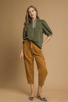 Umgee Textured Knit Top with Contrasting Stripe Details in Olive