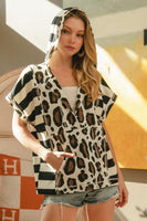 BiBi Mix N Match Stripe and Leopard Print Hooded Top in Off White/Black