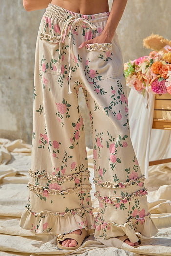 BiBi Flower Printed Twill Ruffled Detail Wide Pants in Cream