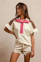 BiBi Soft Knit Collared Top with Contrasting Color and Leopard Print in Ivory