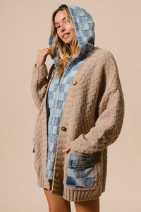 BiBi Cable Knit and Checkered Denim Zip Up Cardigan in Latte/Denim