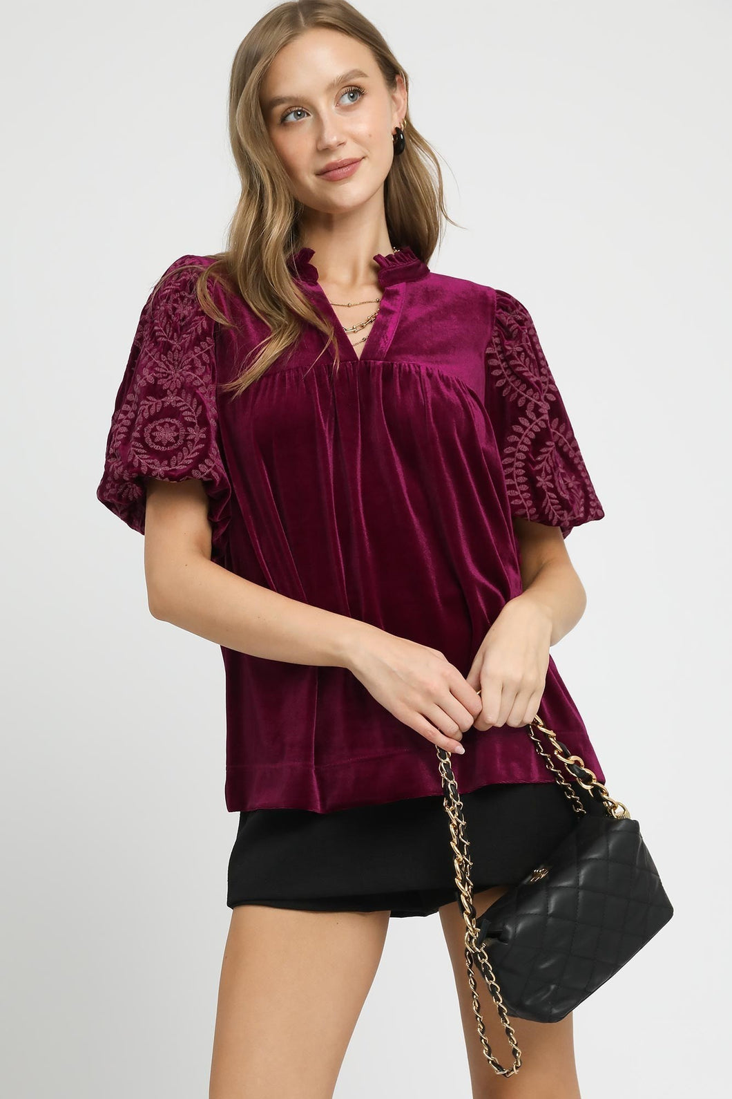 Umgee Solid Color Top with Embroidered Sleeves in Wine
