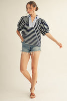 Jodifl Textured Striped Top with Contrasting Detail in Navy