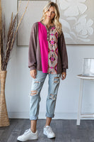 7th Ray Color Block Mixed Fabric and Print Top in Brown