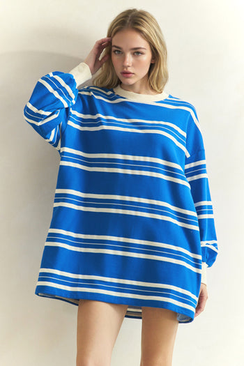 Veveret Coastal Breeze Stripe Sweatshirt Dress in Blue Combo