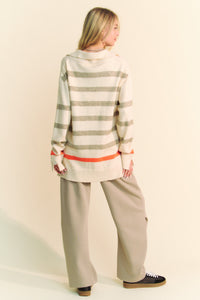 Davi & Dani Striped Loose Fit Collared Sweater in Cream Beige