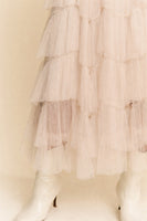 J.nna Solid Color Tiered Mesh Midi Skirt in Pale Taupe