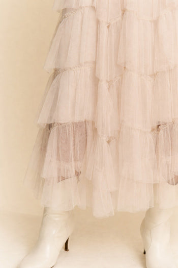 J.nna Solid Color Tiered Mesh Midi Skirt in Pale Taupe