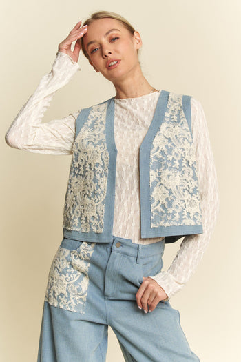 Davi & Dani Casual Textured Lace and Denim Vest in Light Denim Blue