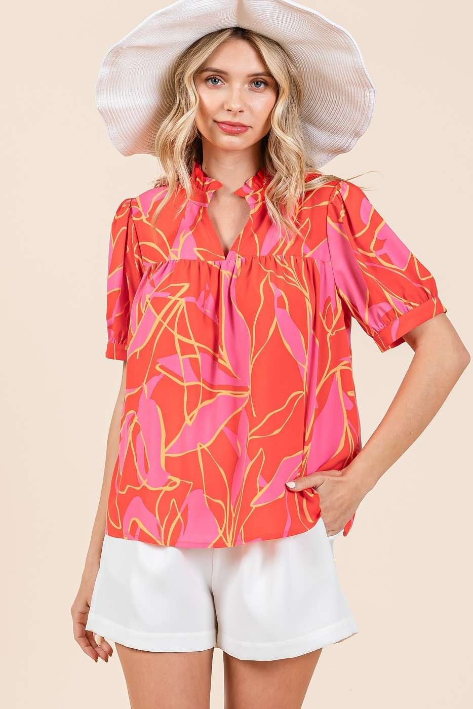 Mittoshop Leaf Print Babydoll Top in Coral Combo