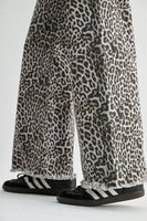 Mica Denim High Rise High-Rise Wide Leg Frayed Hem Leopard Pants in Schooner
