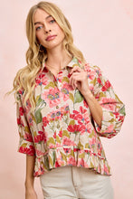 Load image into Gallery viewer, BiBi Floral Print Ruffled Hem Button-Up Quarter Sleeve Top in Floral
