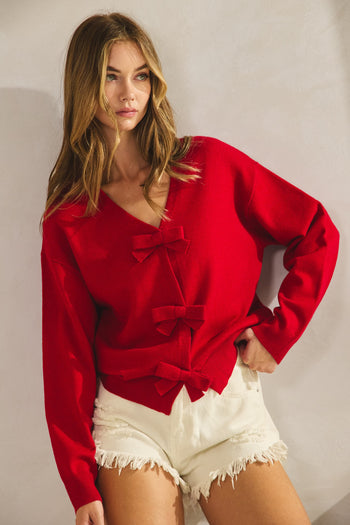 LovLov Solid Color Knit Cardigan with Bow Front Details in Red