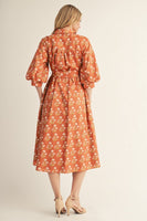 Jodifl Waist Tie Button Down Floral Midi Dress in Toffee