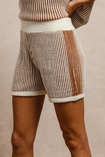 BiBi Two Toned Textured Ribbed Sweater Top and Shorts Set in Ivory/Cinnamon