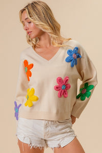 BiBi Crochet Flowers Patched Sweater in Oatmeal